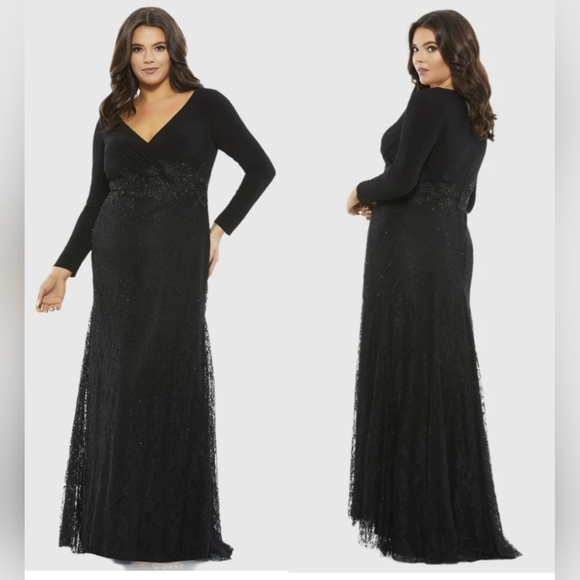 COMING SOON Mac DuggalWrap-Over Long Sleeve Lace Applique Trumpet